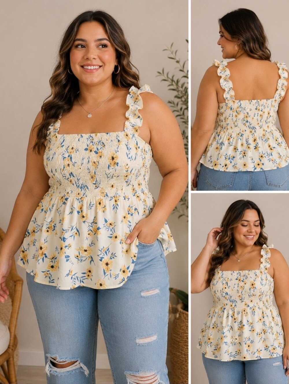 Plus Size Floral Smocked Babydoll Tank Top Cottagecore Ruffle Top Size 1X